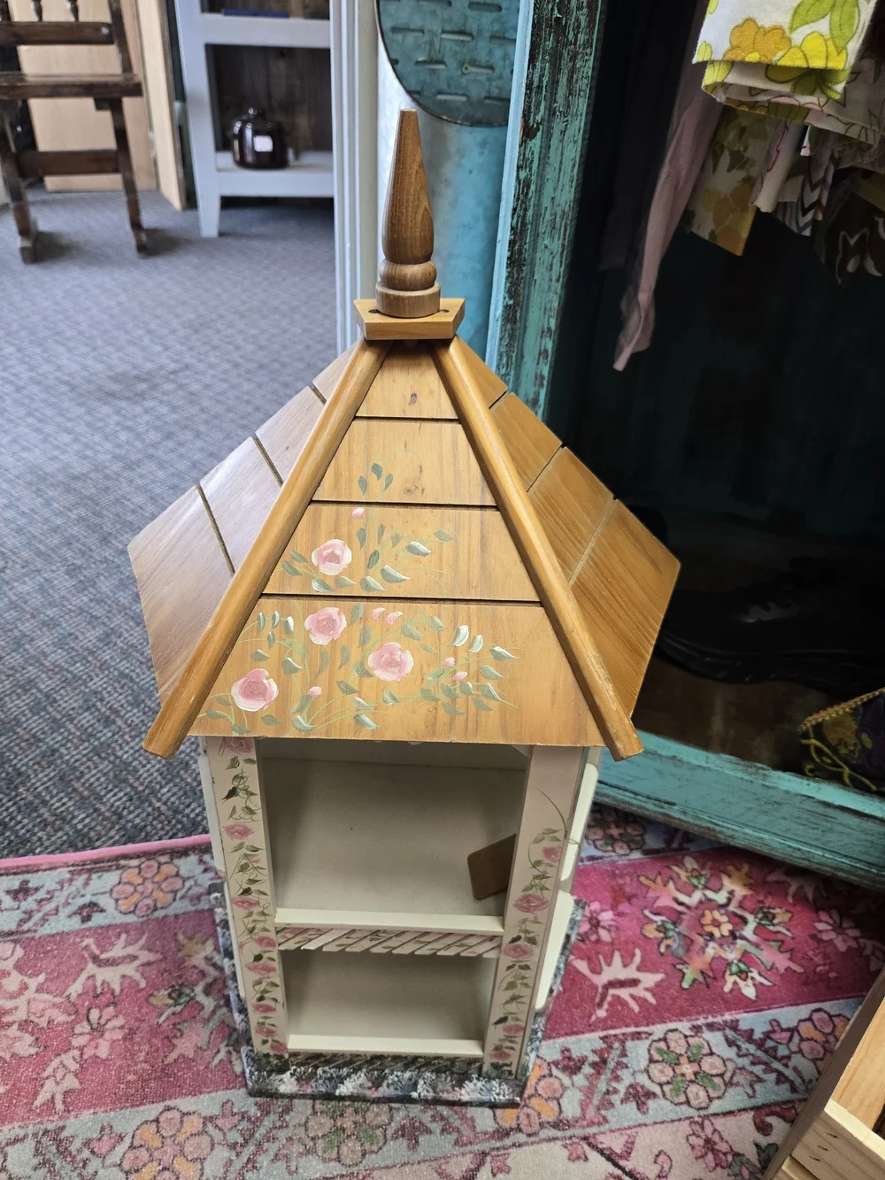 Hand-Painted Wooden Display Cabinet with Floral Roof
